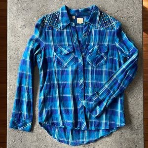 Guess Flannel Button-Down Shirt with Studs | 100% Cotton